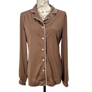 Vintage 70s Retro Act III Brown Satin Polyester Button Long Sleeve Blouse Sz 16